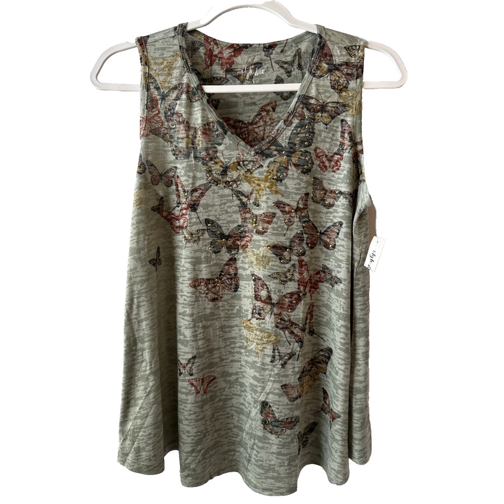 Style & Co NWT Women's S Fairy Butterfly Garden Studded Tank Top Beach Whimsical
